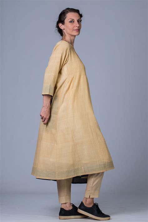 Set of 3- Yellow Medicinal Neem Dyed Hand Spun Cotton Pintuck Dress, P ...