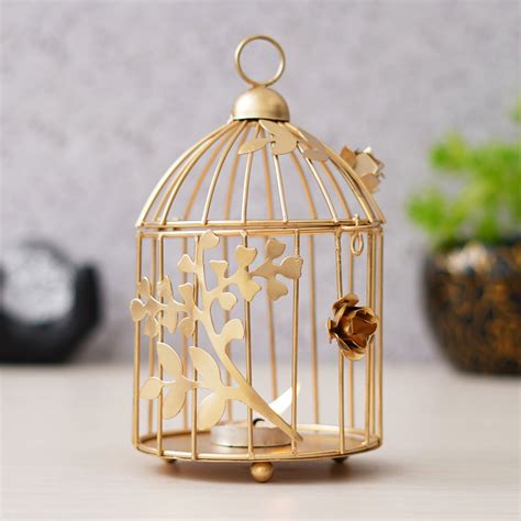 eCraftIndia Golden Metal Bird Cage With Floral Vine Decorative Hanging