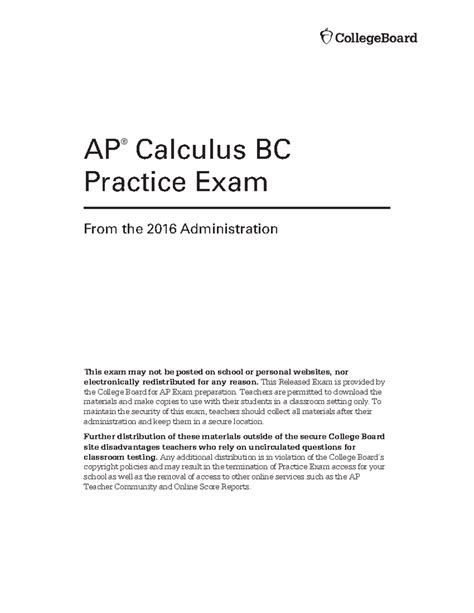 2016 AP Calculus BC Practice Exam Materials and Instructions - Studocu