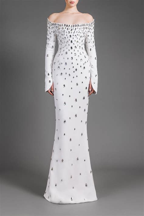 White Off Shoulders Dress Embroidered with Crystals