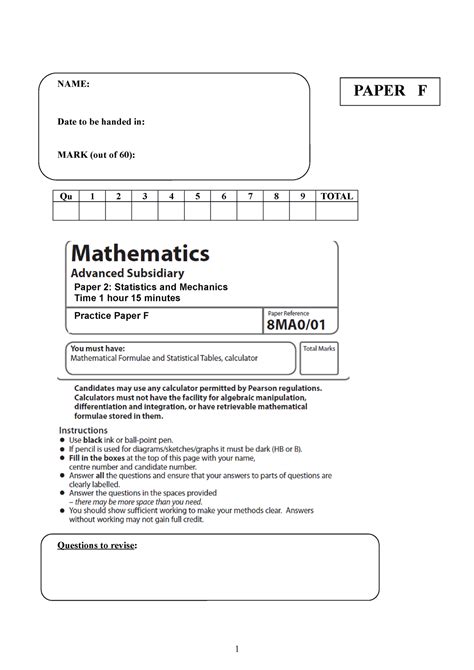11 AS Statistics and Mechanics Practice Paper F - NAME: Date to be ...
