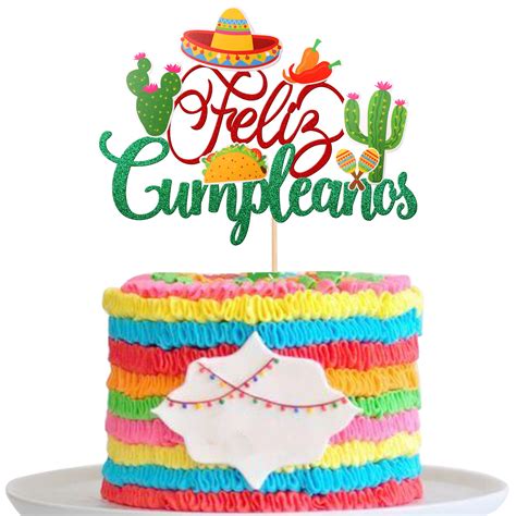Buy 1 PCS Spanish Feliz Cumpleanos Cake Topper Glitter Sombrero Cactus ...