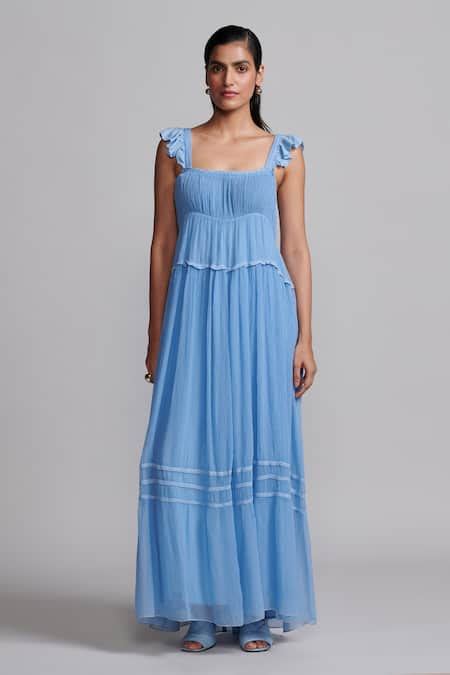 Buy Blue Viscose Embroidery Square Neck Poet Ruched Bodice Maxi Dress ...