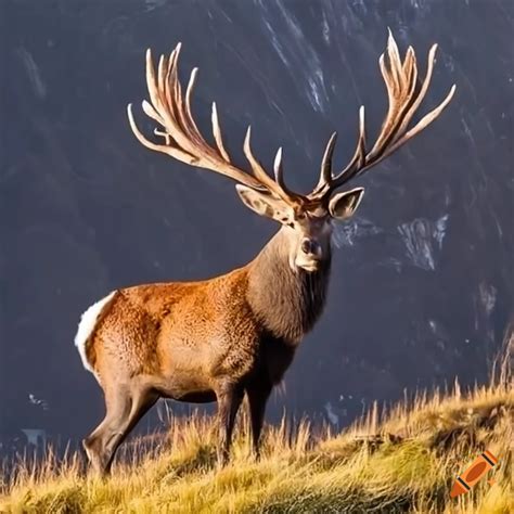Giant Red Deer Stag in mountains in New Zealand. Fading light on Craiyon