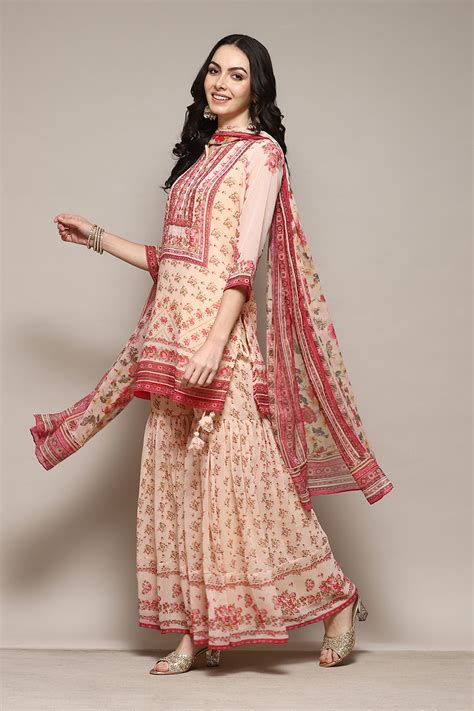 Off White Polyester Straight Printed Kurta Garara Suit Set at Biba India