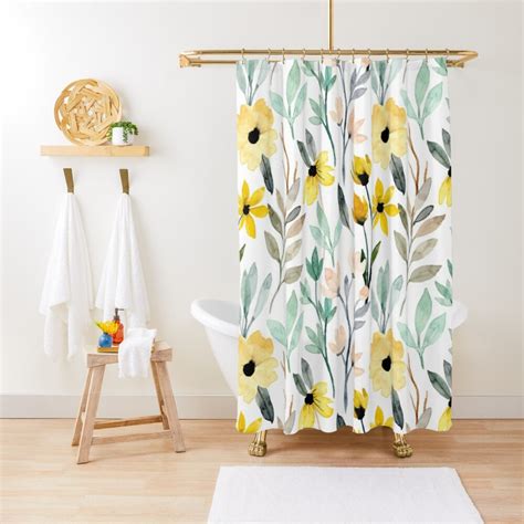 Yellow Floral Shower Curtain, Watercolor Floral Shower Curtain, Cute ...