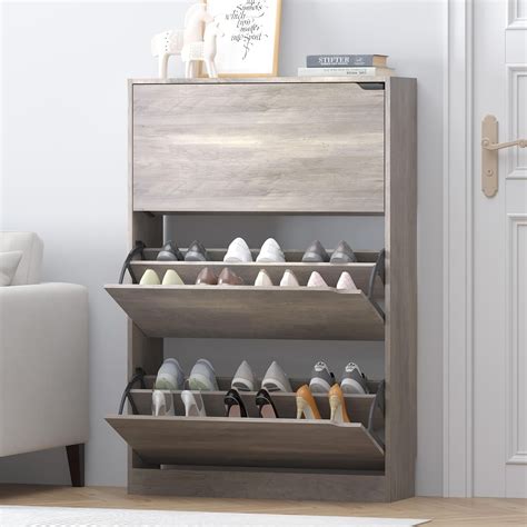 Shoe Storage Cabinet for Entryway, Grey Shoe Cabinet with 3 Flip ...