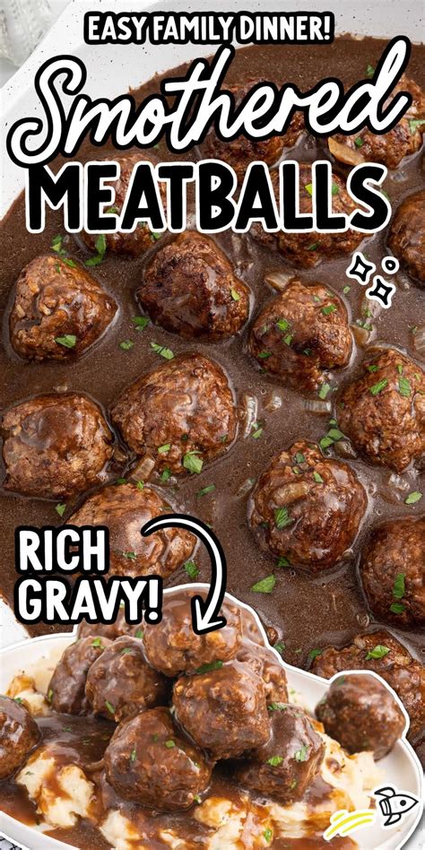 Our smothered meatballs feature tender, seared meatballs in a brown ...