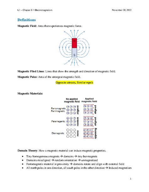 Grade 12 Lecture 1 - 2022-11-30 - Definitions Magnetic Field: Area that experiences magnetic ...