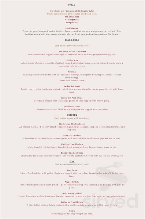 Lone Star Cafe menus in Hillsboro, Texas, United States