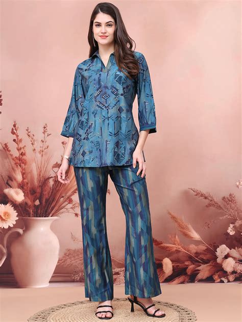 Co-Ord Set for Women - Blue Abstract Print Chanderi | Claura