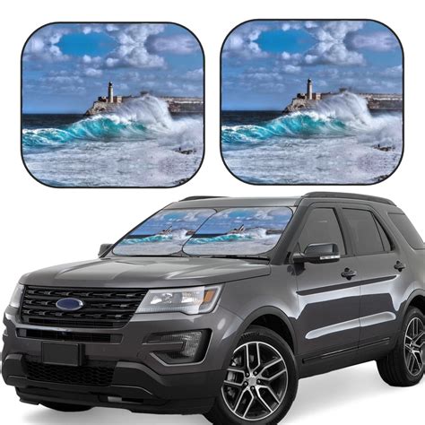 2 Piece Car Windshield Sun Shade - Lighthouse In Havana Foldable Front Car Window Shades Reflect ...