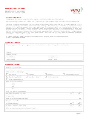 Fillable Online PROPOSAL FORM Bailees Liability - Vero Liability ...