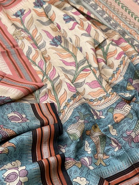 Vidharbha Tussar Silk Penkalamkari Saree - Fish Motifs Pond Pichwai Th ...