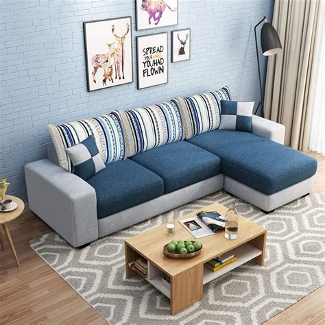 FURNY Orionoy 4 Seater Fabric RHS Sectional L Shape Sofa Set (Blue ...
