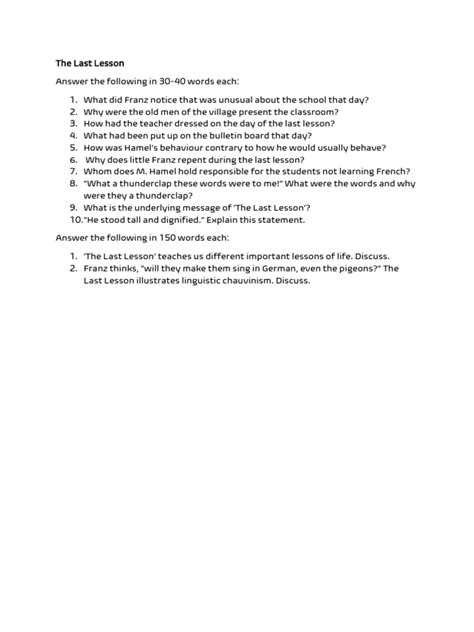 Image result for Last Lesson Questions