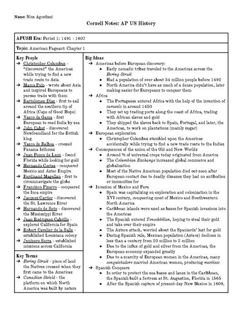 APUSH Cornell Notes - Period 1: Summary of Chapter 1 (1491-1607) - Studocu