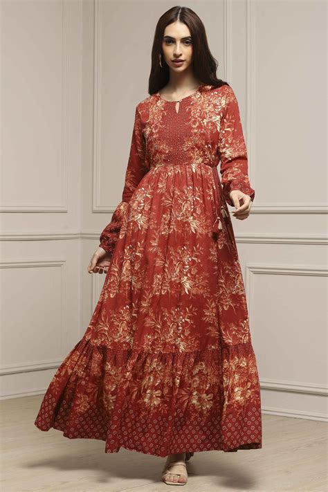 Buy Rust Floral Printed Tiered Flared Dress Online at Biba India