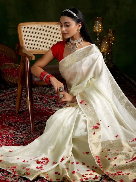 Buy Off White Woven Design Silk Blend Saree With Unstitched Blouse ...