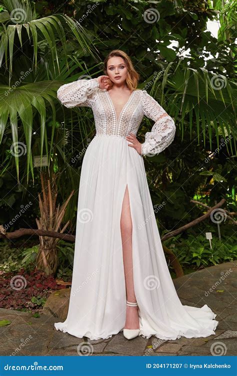 Beautiful Woman Model Bride Wearing White Long Silk and Lace Wedding Dress Fashion Espousal ...