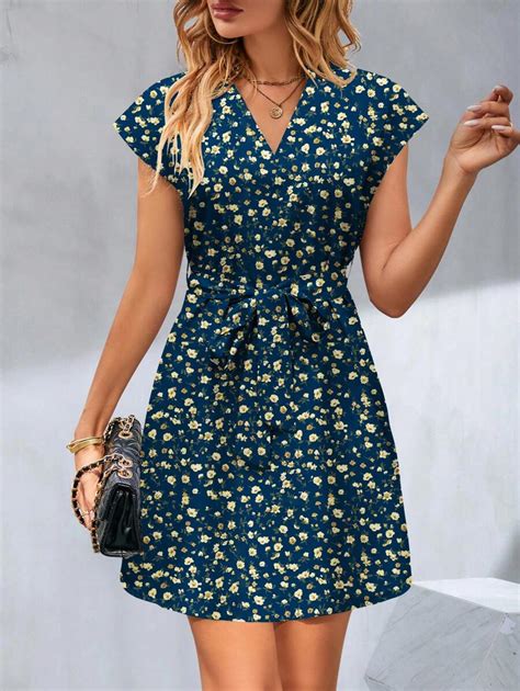 Calvaya Women Casual Ditsy Floral Cinched Waist Dress | SHEIN USA