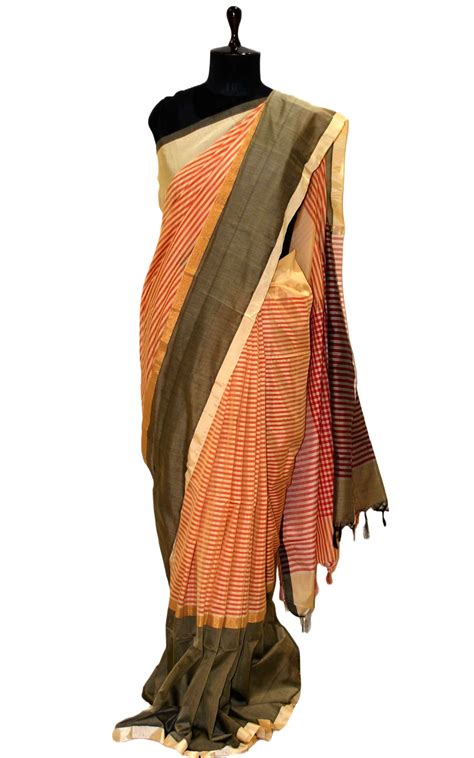 Maheshwari Cotton Silk Saree in Parmesan, Red and Charcoal Black ...