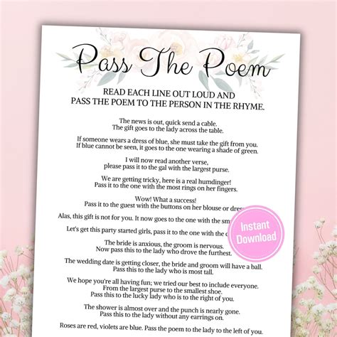 Bridal Shower Pass the Poem Game | Printable Pass the Prize Game Card ...