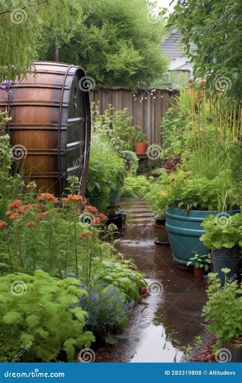 Rainwater Collection Barrels in a Garden Stock Illustration ...