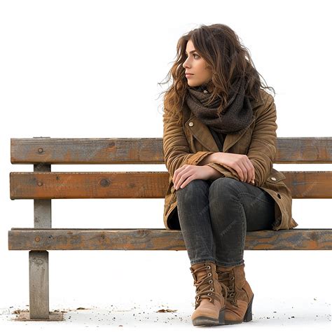 Woman sitting on a bench side view isolated on white background ...