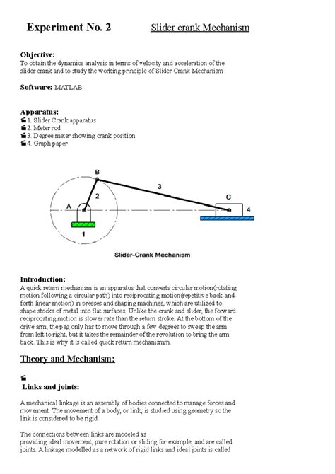 Slider crank mechanism report - Experiment No. 2 Slider crank Mechanism ...