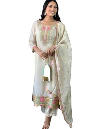 Buy Vaidehi Fashion Cream Viscose Chanderi Women Embroidery Straight ...