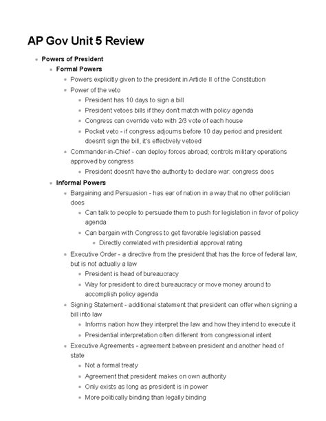 AP Gov Unit 5 Review - meow - AP Gov Unit 5 Review Powers of President ...