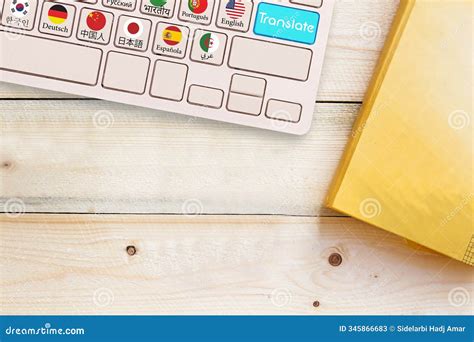 Macro View of Computer Keyboard with National Flags of World Countries on Keys and Blue ...