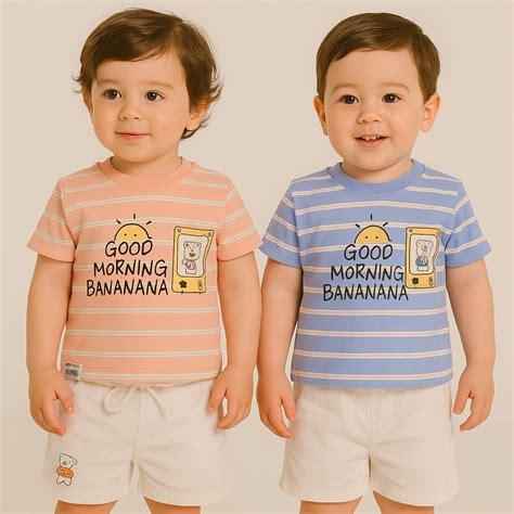 Smile Baby Boys Striped T-Shirt and Shorts Set | Blue & Peach | 0–24 M ...
