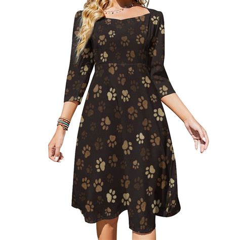 Brown Dog Paw Retro Style Sweetheart Knot Flared Dress Fashion Design ...