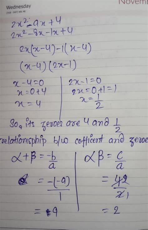 (ix) find zeros of following quadratic polynomial and verify the ...