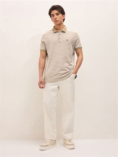Shop Beige Regular Fit Polo T-Shirt with Solid Collar and Horizontal ...