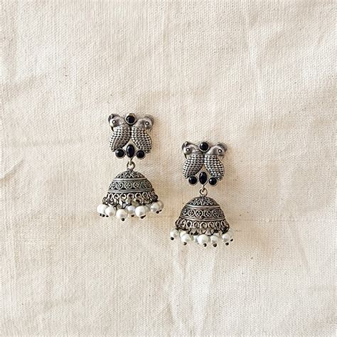 BALAMANI-Black Stone Bird Silver Jhumka German Oxidized Earrings ...