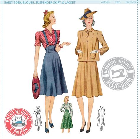 E-Pattern- Early 1940s Blouse, Suspender Skirt, & Jacket- Bust 30-44 ...