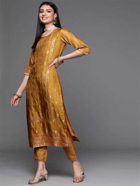 Buy Mustard Self Design Silk Straight Kurta With Dupatta Online at Rs ...