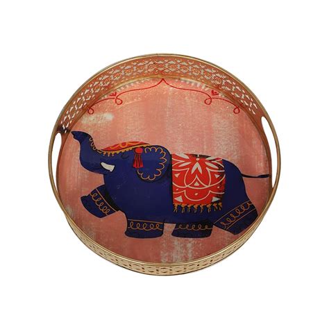 Elephant Round Pink Pichwai Trays | Set Of 2 – Dusaan