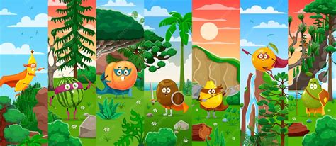Cartoon superhero fruit characters collage | Premium Vector