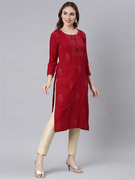 Neerus Maroon Panelled Straight Embellished Kurtas – Neerus India