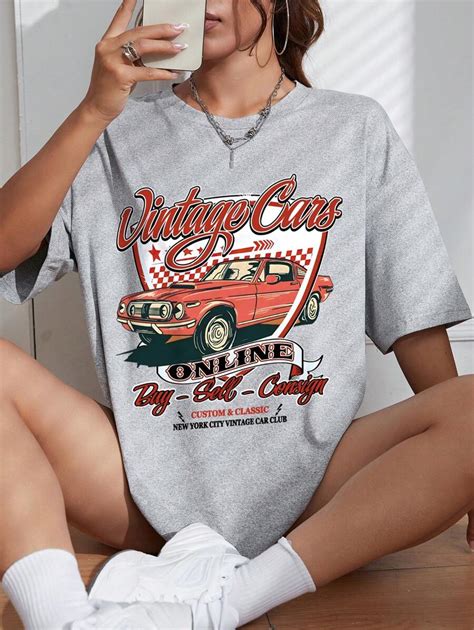 INAWLY Car & Letter Graphic Drop Shoulder Oversized Tee Graphic Tees ...