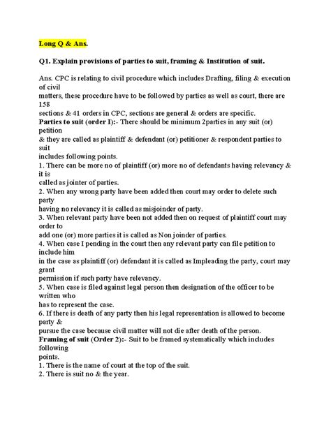 CPC-Long Q& A Latest - Long Q & Ans. Q1. Explain provisions of parties ...