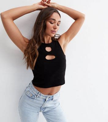Black Ribbed Cut Out Crop Racer Vest | New Look