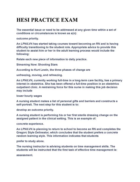 HESI Practice EXAM - HESI PRACTICE EXAM The essential issue or need to ...