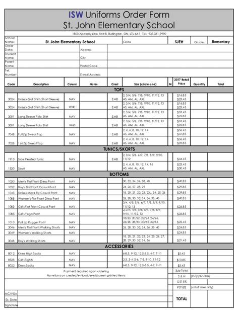 Fillable Online elem hcdsb ISW Uniforms Order Form St. Paul Catholic ...