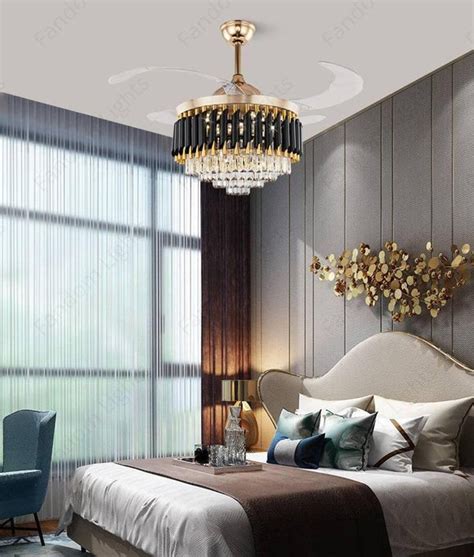 Crystal Ceiling Fan Chandelier Luxury Hiding Quiet 42 Inch Gold ...
