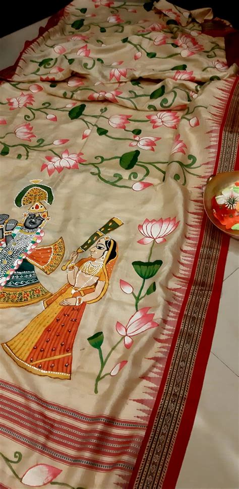Multicolor Pichhwai Hand Painted Tussar Silk Saree - Luxurionworld
